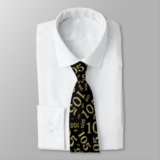105th Birthday Random Number Pattern Black/Gold Tie (Tied)