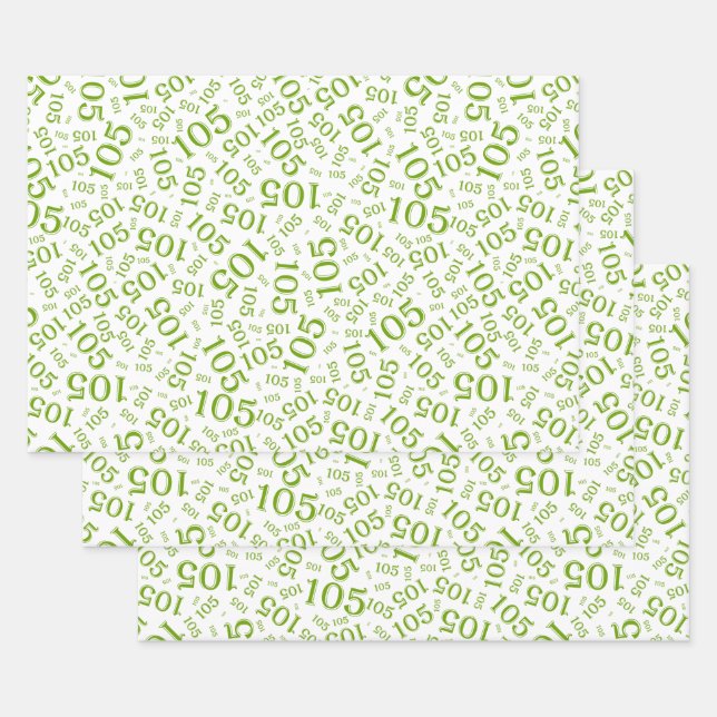 105th Birthday Random Number Pattern Green/White Wrapping Paper Sheet (Set)