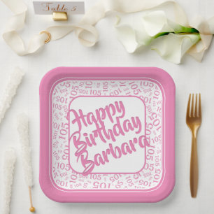 105th Birthday Random Number Pattern Pink/White Paper Plate