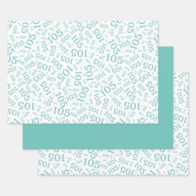 105th Birthday Random Number Pattern Teal/White Wrapping Paper Sheet (Set)