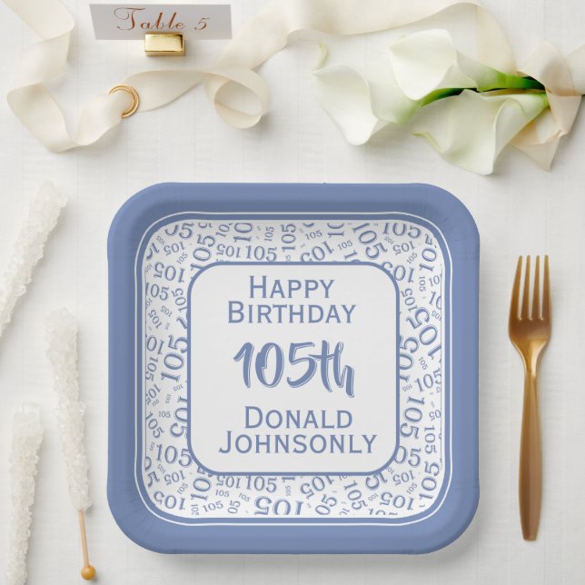 105th Party Random Number Pattern Blue/White Paper Plate (Wedding)