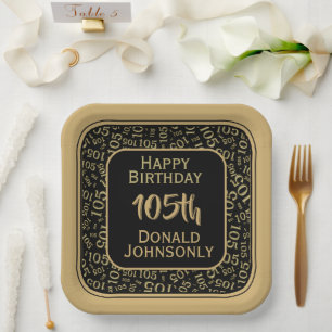 105th Party Random Number Pattern Gold/Black Paper Plate