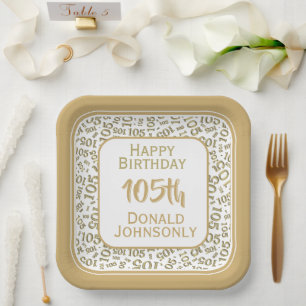 105th Party Random Number Pattern Gold/White Paper Plate