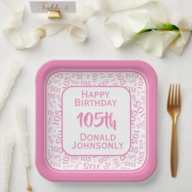 105th Party Random Number Pattern Pink/White Paper Plate (Wedding)