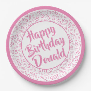 105th Party Random Number Pattern Pink/White Paper Plate
