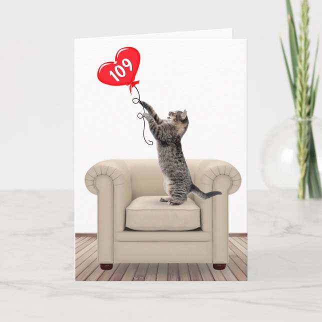109th Birthday Cat With Heart Balloon Card (Front)