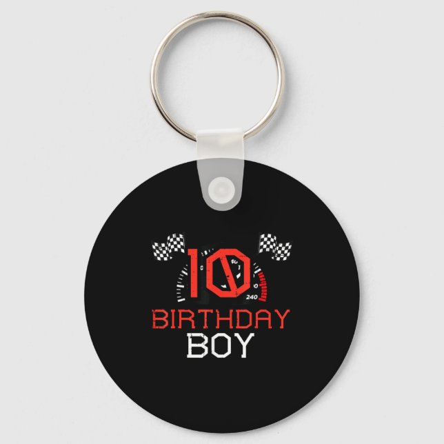 10 Birthday Boy Speedometer Race Flag 10th Bday Bo Keychain (Front)