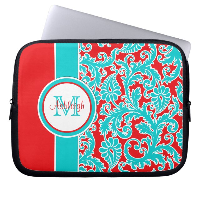 10" Blue Red White Monogram Damask Laptop Sleeve (Front)