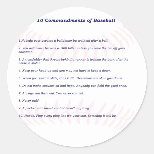 10 Commandments of Baseball! Classic Round Sticker (Front)