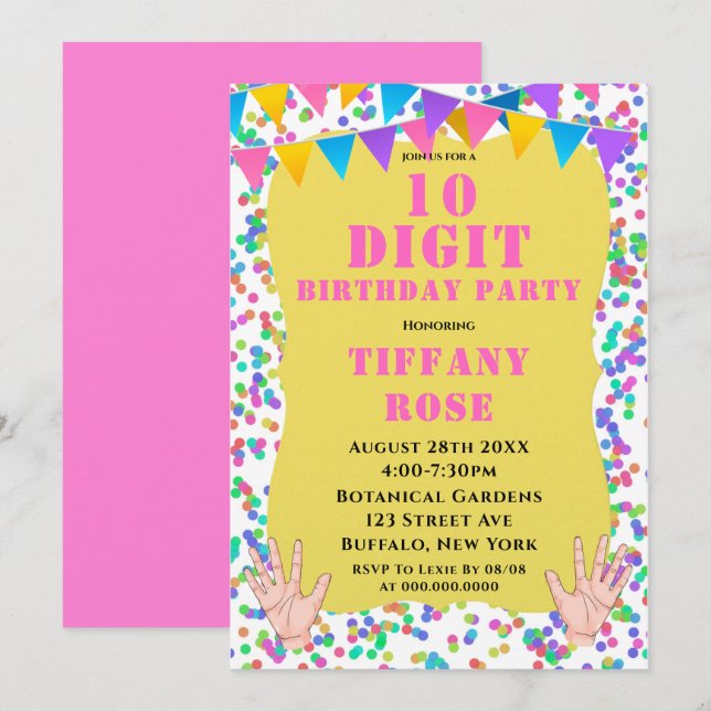 10 Digit Confetti Birthday Party Invitations  (Front/Back)