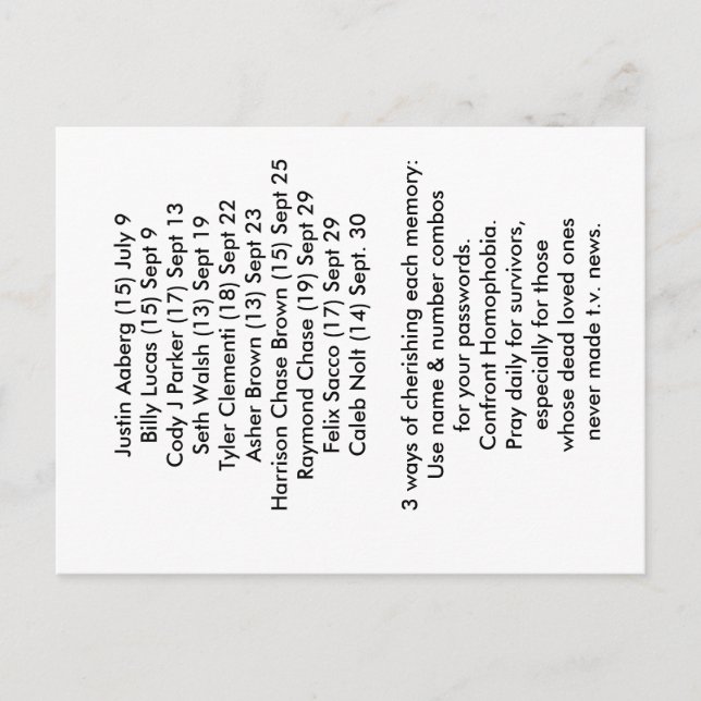 10 morts connus  Carte de prévention de l'intimida (Devant)