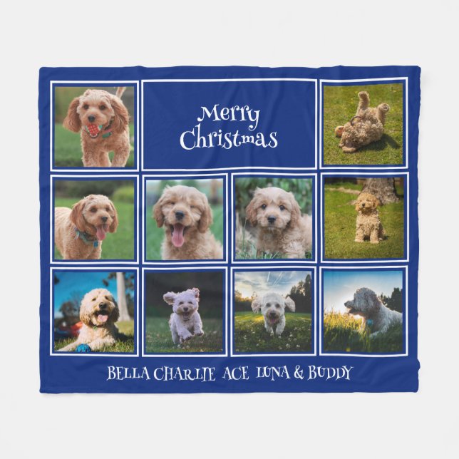 10 Pet Photos Merry Christmas | Royal Blue Fleece Blanket (Front (Horizontal))