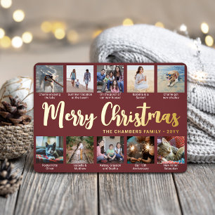 10 Photo Burgundy Merry Christmas Modern Collage Foil Holiday Card