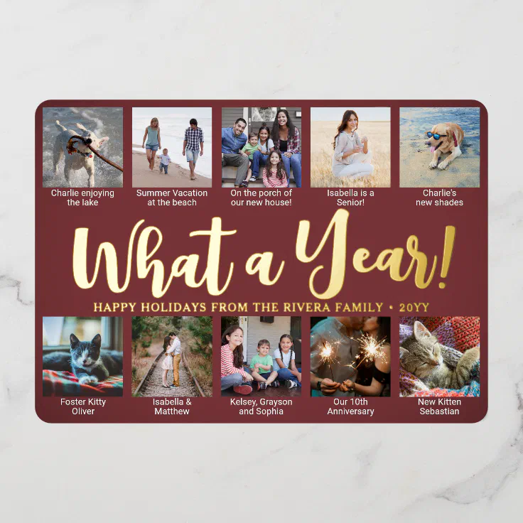 10 Photo Collage & Captions Burgundy What a Year! Foil Holiday Card Zazzle