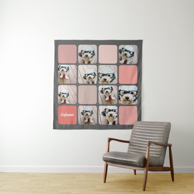 10 Photo Collage Grey Blush Pink Coral Script Name Tapestry (In Situ)