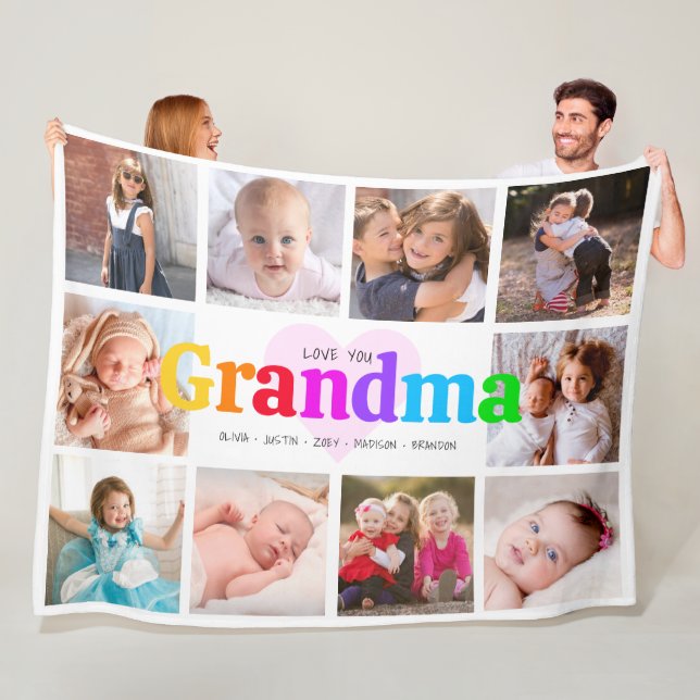 10 Photo Collage Love You Grandma Colourful Modern Fleece Blanket (In Situ)