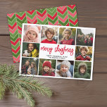 10 Photo Collage - Merry Christmas Red Green Holiday Card<br><div class="desc">Deep green and red herringbone pattern -- Use 10 square photos and make a unique and trendy Merry Christmas greeting with a rustic modern script on the front and a festive geometric pattern on the back. If you need to move anything around, click on the customize button to make changes....</div>