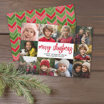 10 Photo Collage - Merry Christmas Red Green Holiday Card<br><div class="desc">Deep green and red herringbone pattern -- Use 10 square photos and make a unique and trendy Merry Christmas greeting with a rustic modern script on the front and a festive geometric pattern on the back. If you need to move anything around, click on the customize button to make changes....</div>