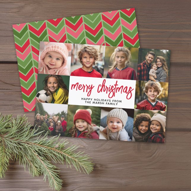10 Photo Collage - Merry Christmas Red Green Holiday Card (Modern online Christmas Card with 10 Photos and a bounce script for the greeting - download option)