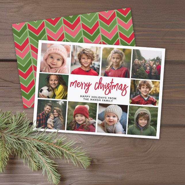 10 Photo Collage - Merry Christmas Red Green Holiday Card (Modern online Christmas Card with 10 Photos and a bounce script for the greeting - download option)