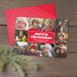 10 Photo Collage - Merry Christmas Red Line Art Holiday Card<br><div class="desc">A red background with a border of photos. -- Use 10 square photos and make a unique and trendy Merry Christmas greeting with a retro script font on the front and a line art arch pattern on the back. If you need to move anything around, click on the customize button...</div>