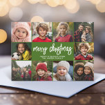 10 Photo Collage - Merry Christmas Retro Stripes Holiday Card<br><div class="desc">Deep green retro stripe pattern -- Use 10 square photos and make a unique and trendy Merry Christmas greeting with a rustic modern script on the front and a festive line art pattern on the back. If you need to move anything around, click on the customize button to make changes....</div>