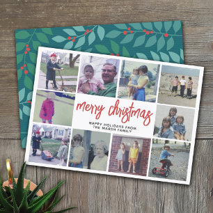 10 Photo Collage - Merry Christmas Teal Botanical Holiday Card