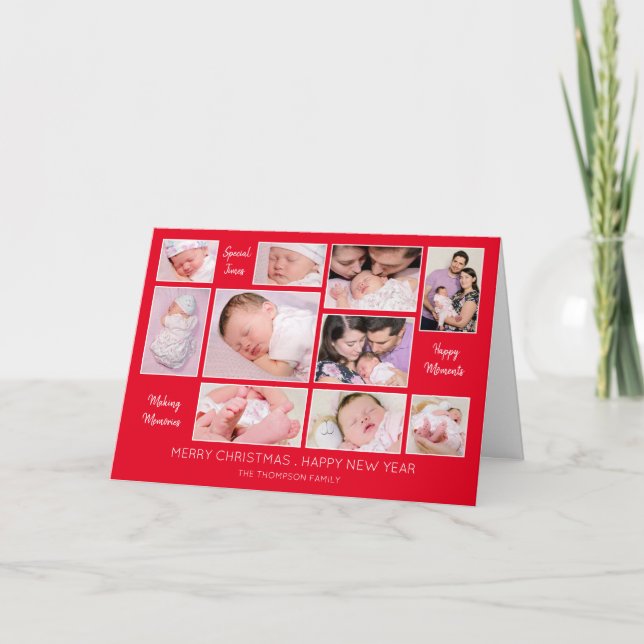 10 Photo Collage Quote Red Merry Christmas Holiday Card (Front)