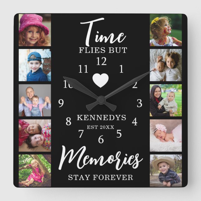 10 Photo Collage Time Flies Memories Stay Quote  Square Wall Clock (Front)