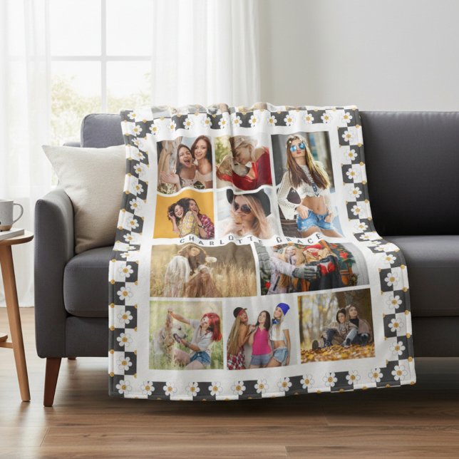 10 Photo Modern Groovy Daisy Flower Stylish Name Fleece Blanket (Creator Uploaded)