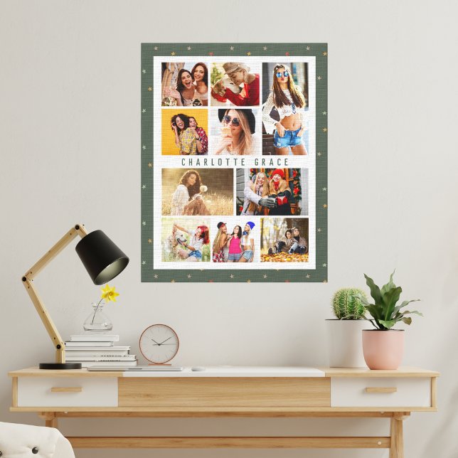 10 Photo Modern Stars Stylish Green Name Canvas Print (Creator Uploaded)