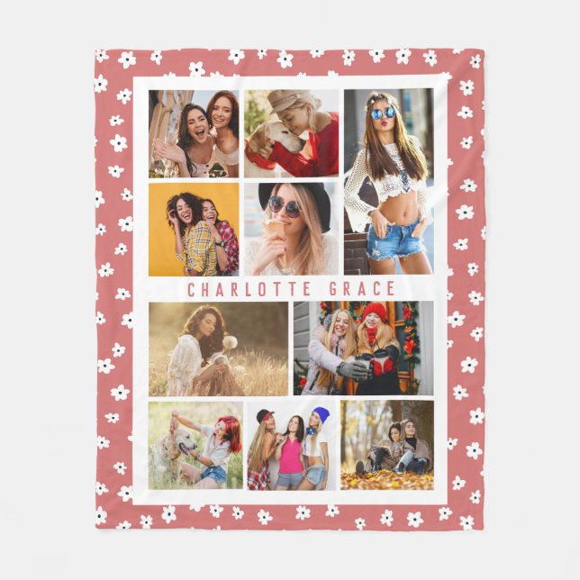 10 Photo Modern Stylish Cute Girly Floral Name Fleece Blanket (Front)