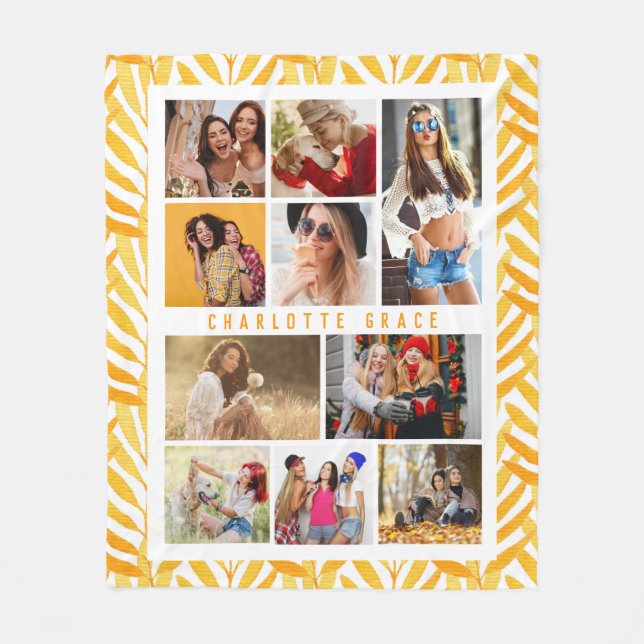 10 Photo Modern Stylish Watercolor Leaves Name Fleece Blanket (Front)