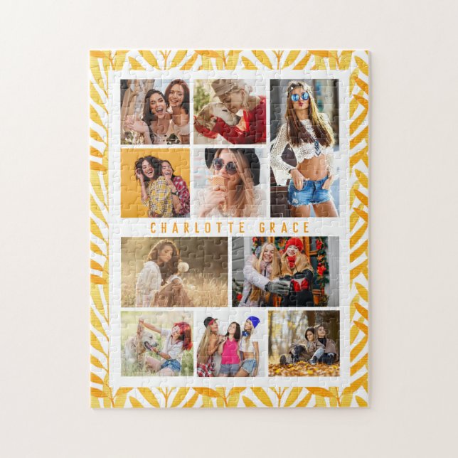 10 Photo Modern Stylish Watercolor Leaves Name Jigsaw Puzzle (Vertical)