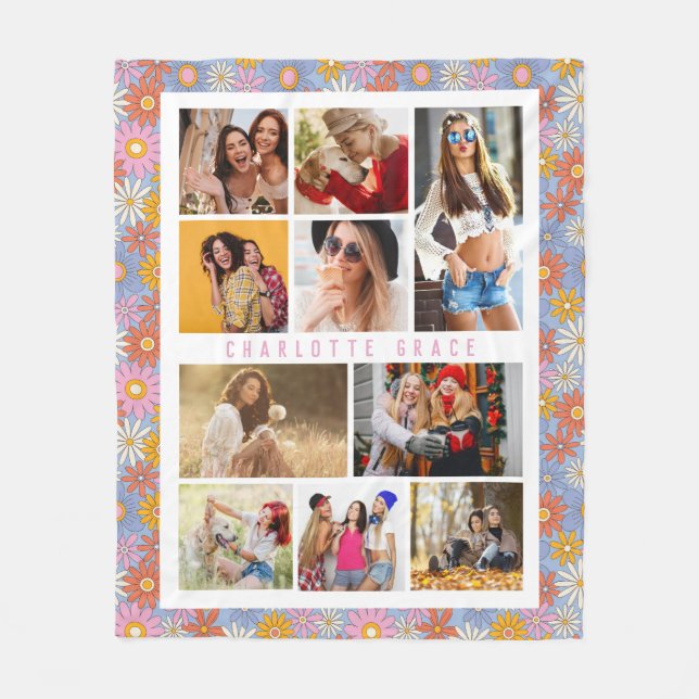 10 Photo Modern Trendy Hippie Floral Stylish Name Fleece Blanket (Front)
