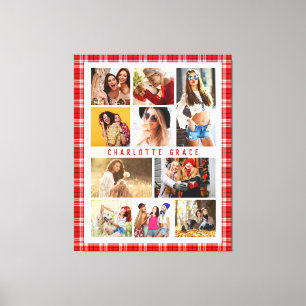 10 Photo Modern Trendy Red Plaid Stylish Name Canvas Print
