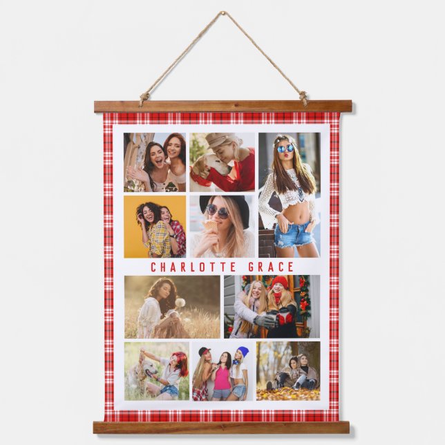 10 Photo Modern Trendy Red Plaid Stylish Name Hanging Tapestry (Front)