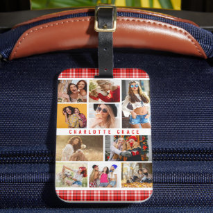 10 Photo Modern Trendy Red Plaid Stylish Name Luggage Tag