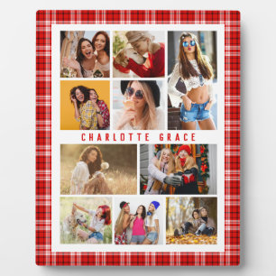 10 Photo Modern Trendy Red Plaid Stylish Name Plaque