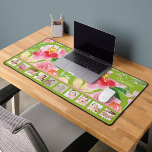 10 Photo Pink Floral Personalized Desk Mat