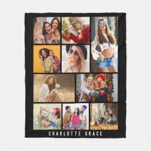 10 Photo Simple Modern Minimal Black Stylish Name Fleece Blanket