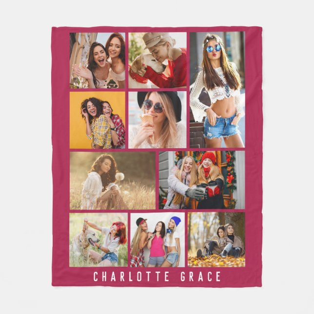 10 Photo Simple Modern Minimal Maroon Chic Name Fleece Blanket (Front)