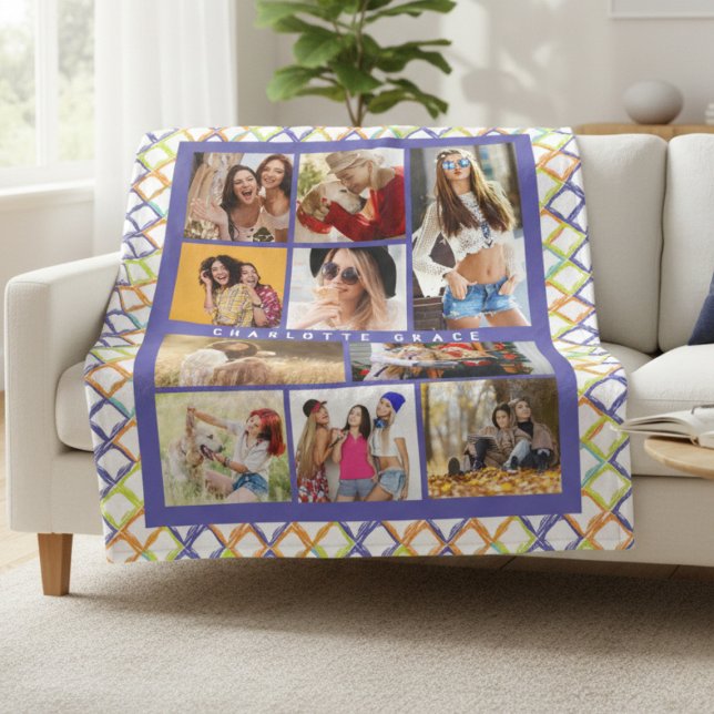 10 Photo Trendy Modern Colourful Geometric Name Fleece Blanket (Creator Uploaded)