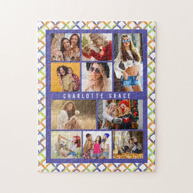 10 Photo Trendy Modern Colourful Geometric Name Jigsaw Puzzle (Vertical)