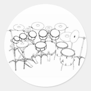 10 Piece Drum Kit: Black & White Drawing: Classic Round Sticker