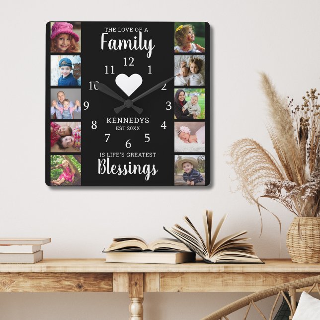 10 Square Photo Collage Family Quote Black White Wall Clock (Creator Uploaded)