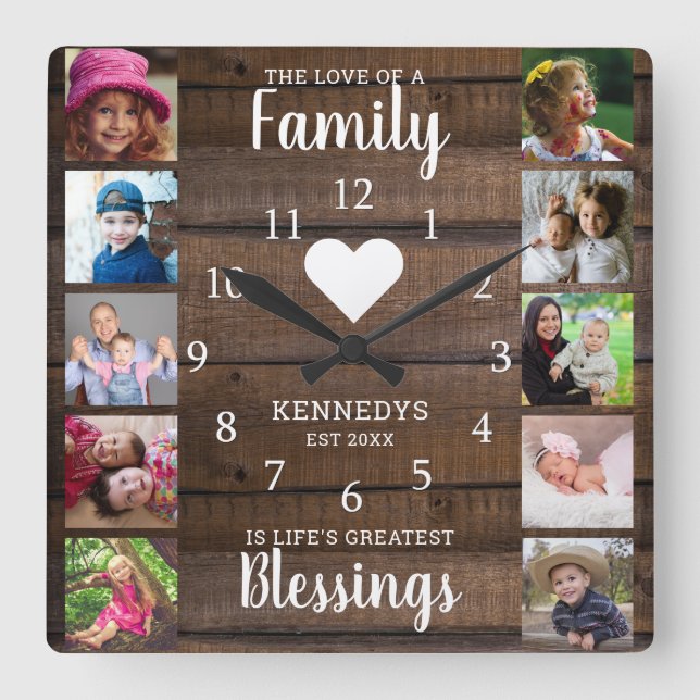 10 Square Photo Collage Family Quote Dark Wood  Square Wall Clock (Front)