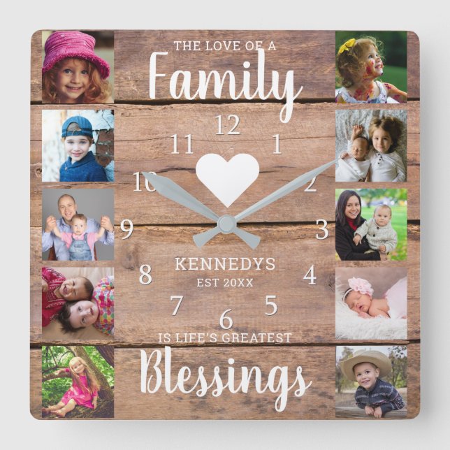 10 Square Photo Collage Family Quote Rustic Wood   Square Wall Clock (Front)