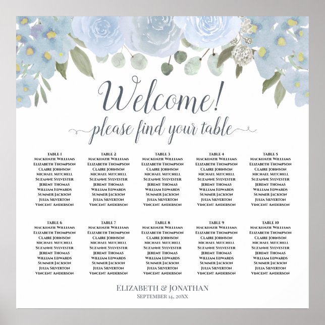 10 Table Dusty Blue Boho Wedding Seating Chart (Front)