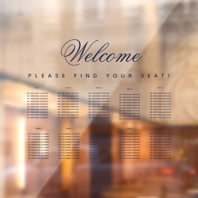10 Table Navy Blue Transparent Seating Chart Window Cling (Sheet 2)